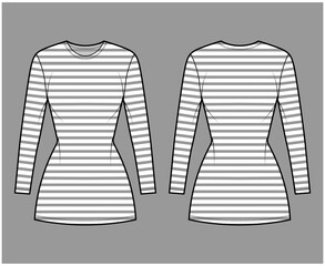 Dress sailor technical fashion illustration with stripes, long sleeves, fitted body, mini length pencil skirt. Flat apparel front, back, white color style. Women, men unisex CAD mockup