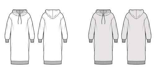 Dress hoody technical fashion illustration with long sleeves, rib cuff oversized body, knee length skirt. Flat apparel front, back, white, grey color style. Women, men unisex CAD mockup
