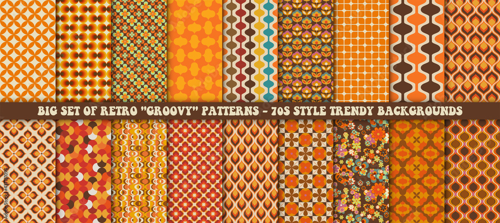 Aufkleber big set of 18 colorful retro patterns. vector trendy backgrounds in 70s style. abstract modern geome