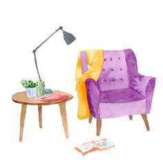 Armchair and table illustration. Watercolor interior - 437131013
