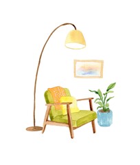wooden chair and lamp. Interior watercolor illustration - 437131025