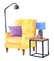 Chair watercolor illustration. Armchair and table - 437131035