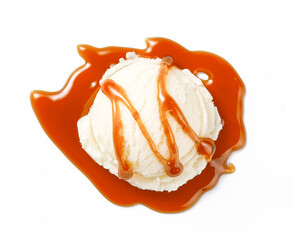 Scoop of ice cream with caramel sauce isolated. Ice cream on white background. Perfect image for package design of ice cream.