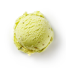 Scoop of pistachio ice cream with pistachio nuts on white background. Top view of ice cream isolated for package design of pistachio ice cream.
