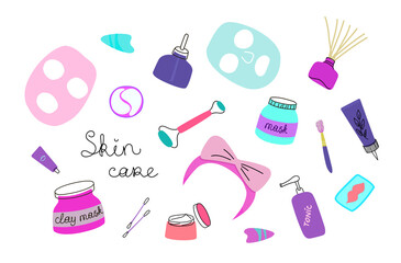 Beauty routine. A set for skin care. The concept of face and body care. Cleansing, moisturizing, massage, treatment. A hand-drawn vector set in the doodle style. All elements are isolated