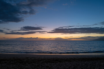 Seaside view of beach, summer vacation background.