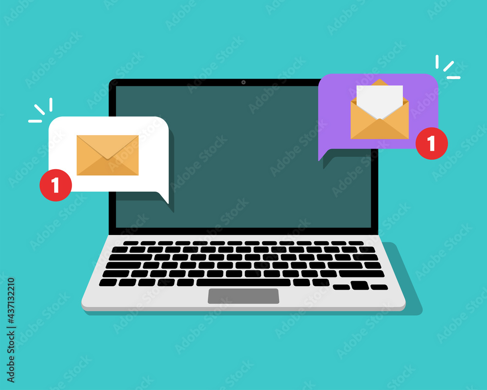 Poster new email message notifications on computer screen. unread letters on laptop screen. vector illustra