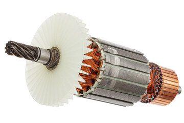 Rotor or of anchor electric motor closeup, isolated on white background