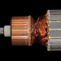 Rotor or of anchor electric motor closeup, isolated on black background