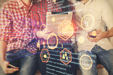 Double exposure of data theme hologram drawing and man and woman working together holding and using a mobile device.