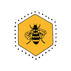 Vector bee with honeycomb. Linear hand drawn illustration with bright spot is perfect for honey design, beekeeper brand identity, floral logo, icon, label, card, poster