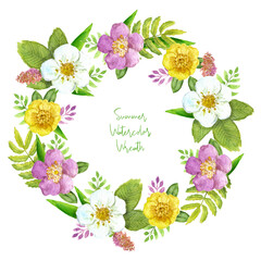 Summer wreath of watercolor flowers and leaves