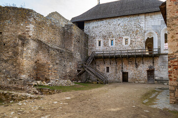 Wooden stairs and ruins of the old castle