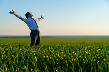 businessman poses in a green field, freelance and business concept, green grass and blue sky as background