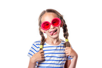Cute european smiling little girl with pigtails and pink glasses isolated on white background.