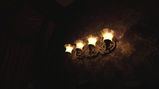 This video features a row of flickering old creepy sconces on a haunted plantation mansion wall covered in victorian era wall paper.