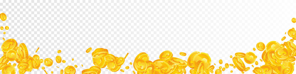 American dollar coins falling. Breathtaking scattered USD coins. USA money. Sightly jackpot, wealth or success concept. Vector illustration.