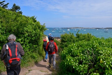 group of senior hikers on the path at 