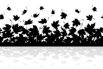 Maple leaves. Autumn background template with flying and falling leaves. Autumn leaf border. Black silhouette with mirror reflection. Seamless pattern. Isolated. Vector illustration - 437137257