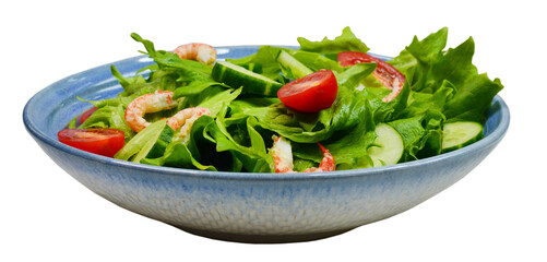 fresh summer salad of vegetables lettuce leaves, cherry tomatoes, cucumber slices and shrimp, seafood dish isolated on a white background