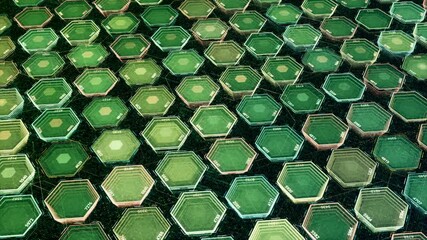 Scifi technological hexagon pattern of green color with four digit numbers. Animation. 3D colorful flowing blurred figures, seamless loop.