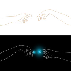 Michelangelos Adam and God hands interpretation, index fingers touching each other, man and woman connecting hands, vector outline illustration