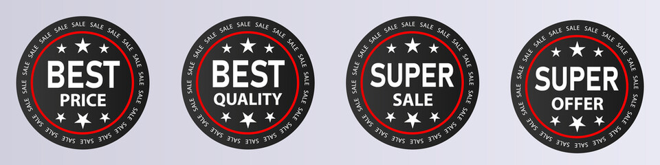 Modern Premium red black design sale tags set. Best Price Best Quality Super Sale Super Offer. Labels or Badges with editable text and colors