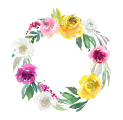 Watercolor wreath with flowers & leaves, bright floral round frame - 437138200