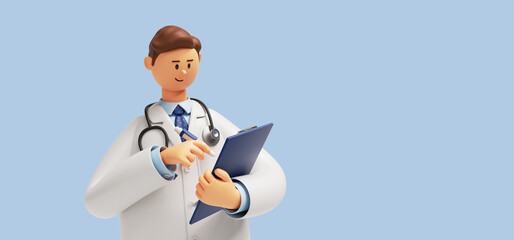 3d render. Doctor cartoon character holds clipboard. Clip art isolated on blue background. Professional consultation. Medical concept - obrazy, fototapety, plakaty