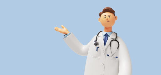 3d render. Human doctor cartoon character with stethoscope, looking at camera. Clip art isolated on blue background. Professional recommendation. Medical presentation