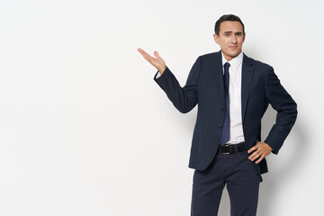 business man in suit gesturing with hand chief emotions studio