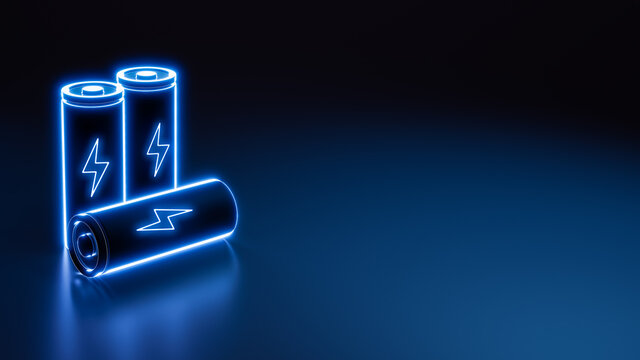 3D fast charge neon lithium ion battery glowing on the floor with lighting symbol, digital futuristic flash quick recharging power source and energy technology concept illustration background