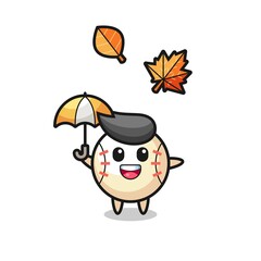 cartoon of the cute baseball holding an umbrella in autumn