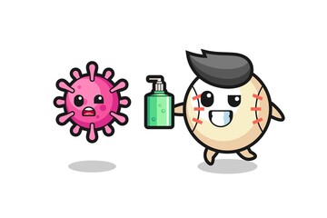 illustration of baseball character chasing evil virus with hand sanitizer
