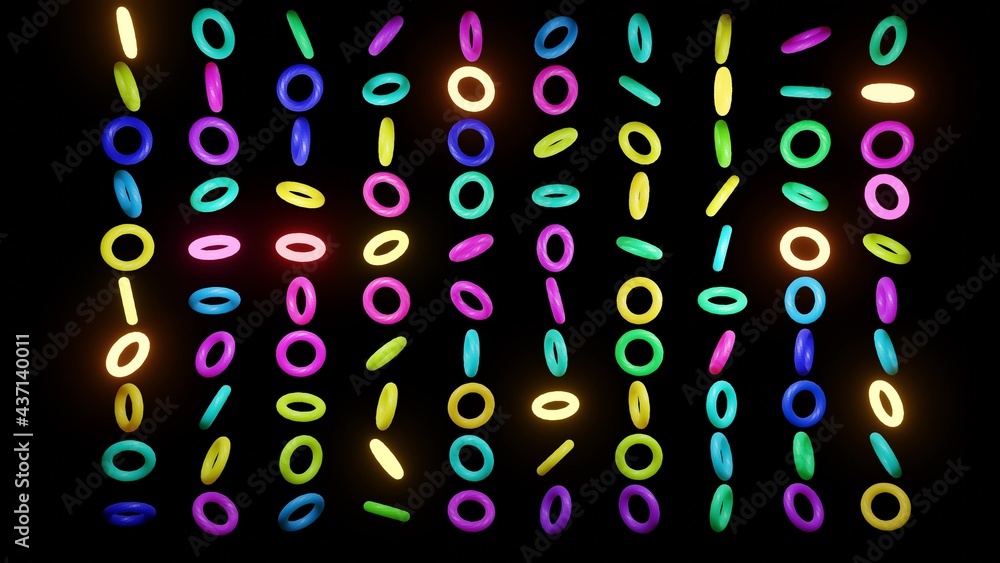 Aufkleber 3d render. abstract festive background with rows of toruses or rings on plane flashing neon multicol