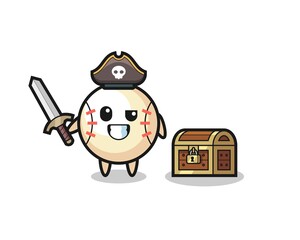 the baseball pirate character holding sword beside a treasure box