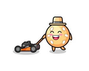 illustration of the sesame ball character using lawn mower