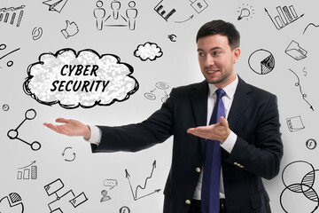 Business, technology, internet and network concept. Young businessman thinks over the steps for successful growth: Cyber security