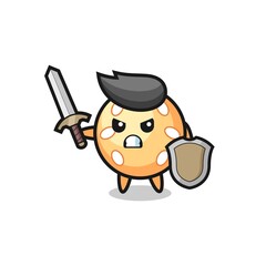 cute sesame ball soldier fighting with sword and shield
