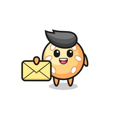 cartoon illustration of sesame ball holding a yellow letter