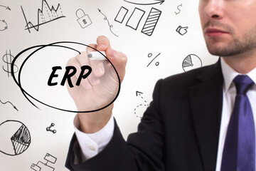 Business, technology, internet and network concept. Young businessman thinks over the steps for...