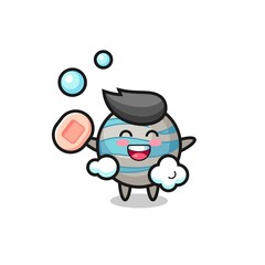 planet character is bathing while holding soap