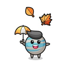 cartoon of the cute planet holding an umbrella in autumn