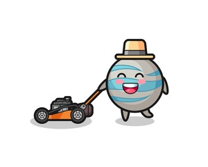 Fototapeta premium illustration of the planet character using lawn mower