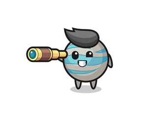 cute planet character is holding an old telescope