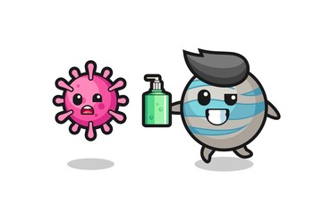 illustration of planet character chasing evil virus with hand sanitizer