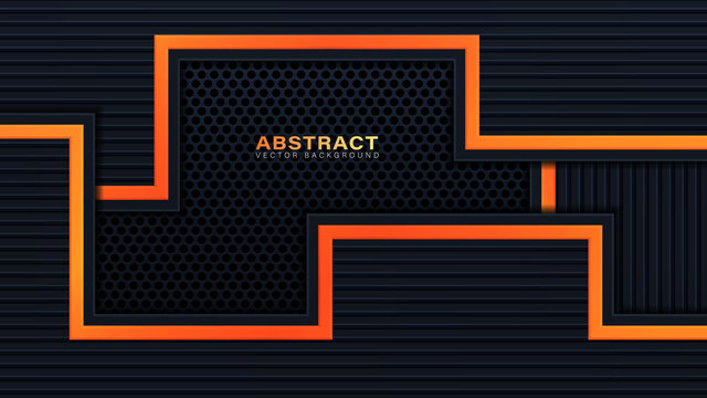 Abstract 3D black technology background overlap layers on dark space with orange light effect decoration. Modern graphic design template elements for poster, flyer, brochure, or banner