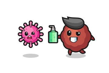illustration of meatball character chasing evil virus with hand sanitizer
