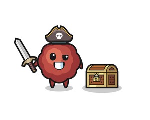 the meatball pirate character holding sword beside a treasure box