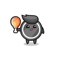 hockey puck cute mascot is eating a fried chicken